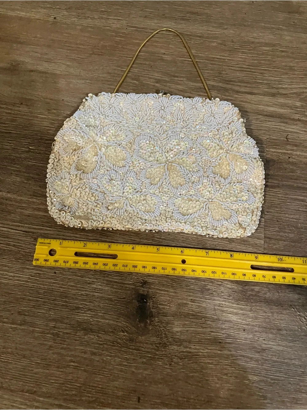 Sequin Ivory Evening Clutch with Gold Handle